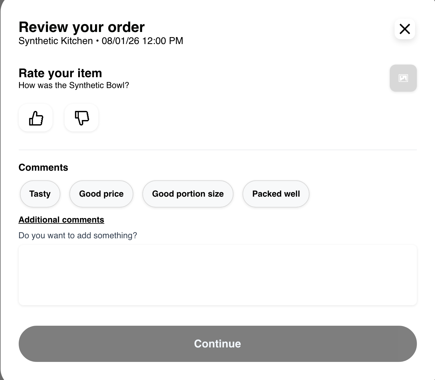Desktop Website product review stage showing one synthetic item before submission