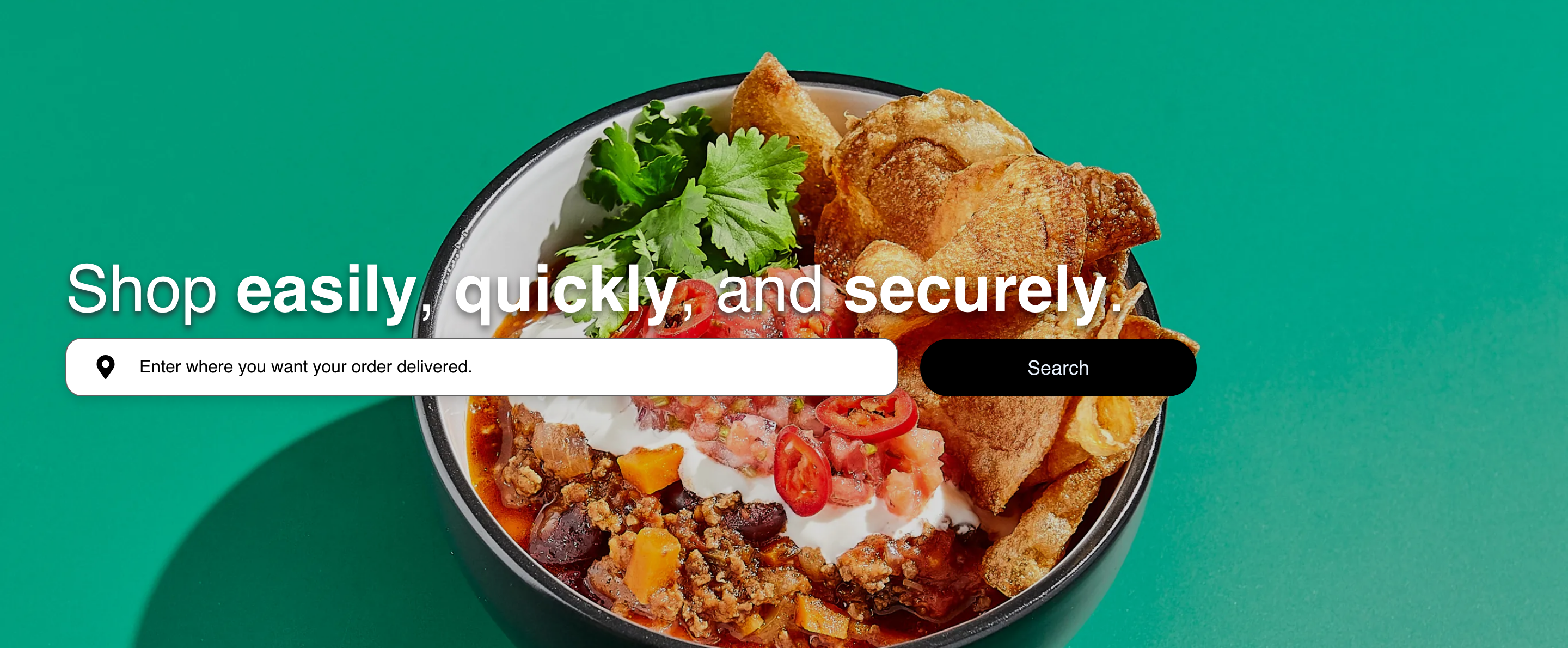 Ordering Website home page with a delivery location field and Search button
