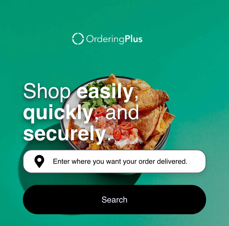 Mobile Ordering Website home page with location search and account options