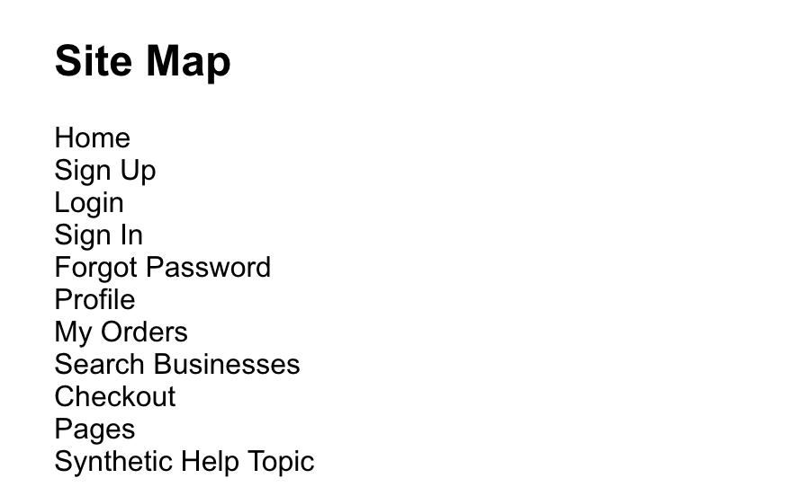 Mobile Website Site Map showing responsive standard destinations and one synthetic configured page