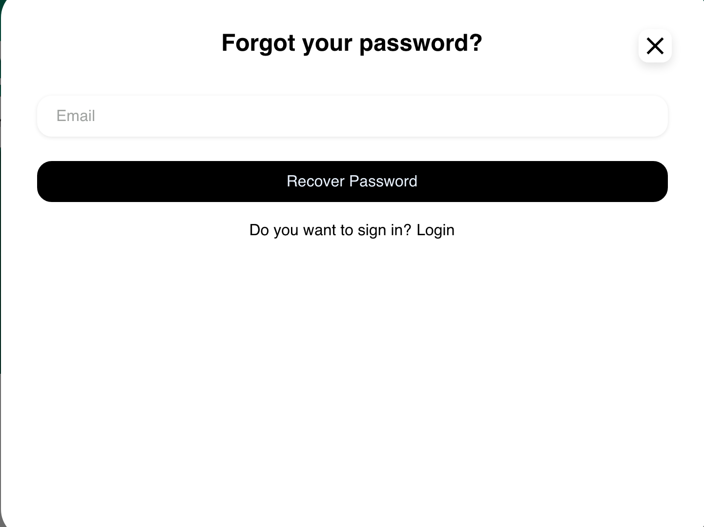 Desktop Website password recovery dialog with an empty Email field, Recover Password action, and Login link