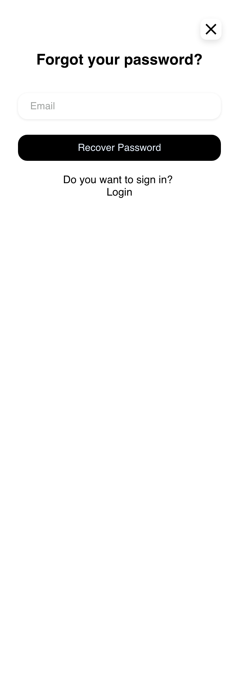 Mobile Website password recovery dialog opened from the sidebar with an empty Email field and Recover Password action