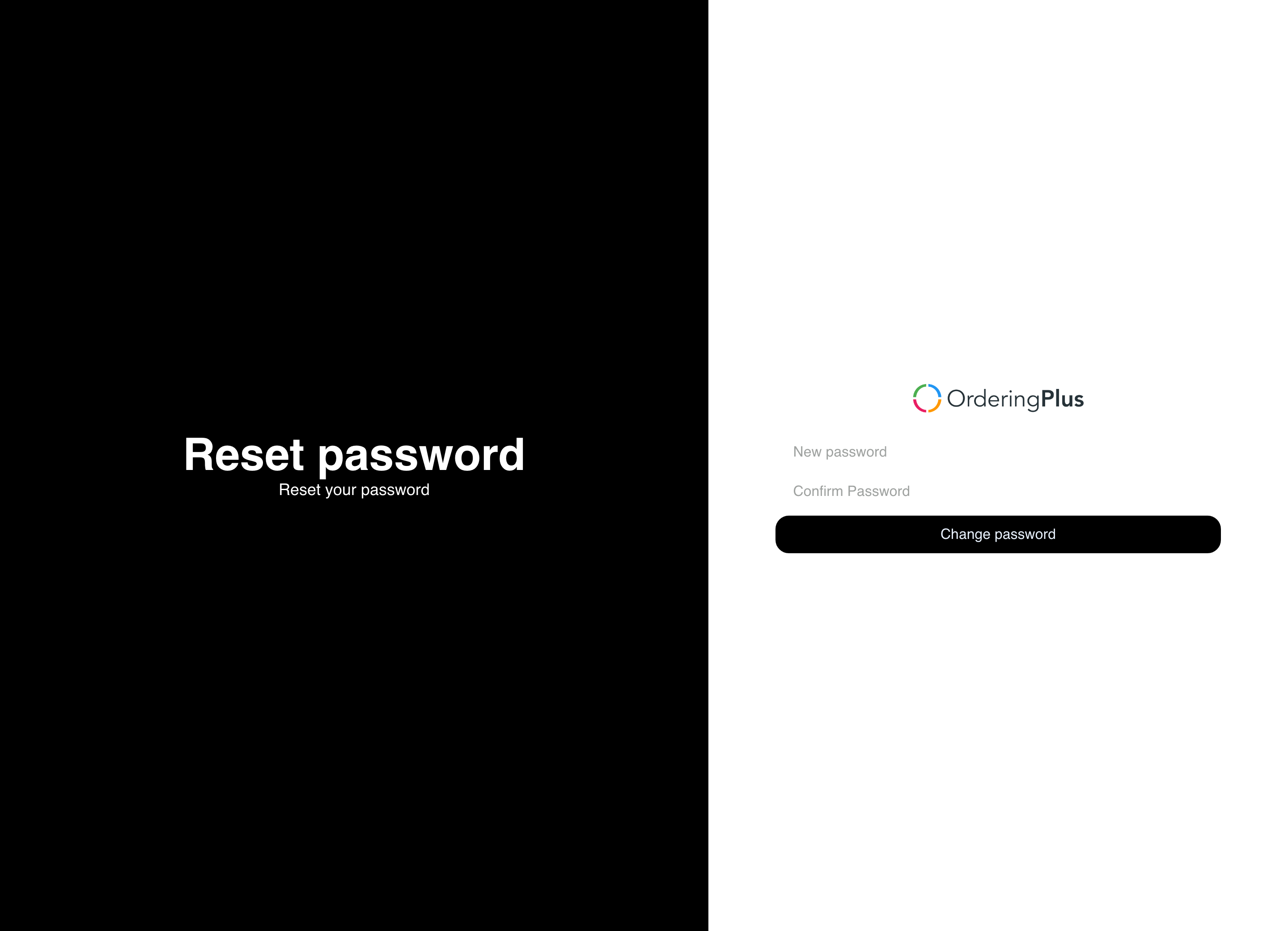 Desktop Website Reset password page with empty New password and Confirm Password fields and the Change password action