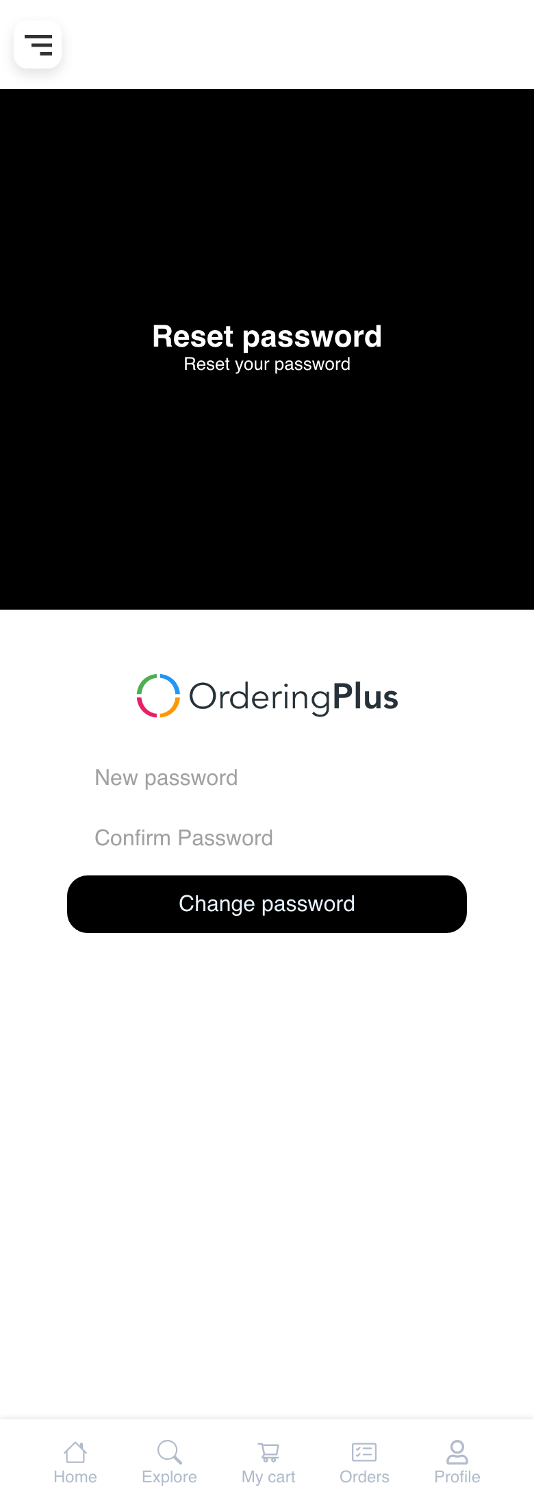 Mobile Website Reset password page with empty New password and Confirm Password fields and the Change password action
