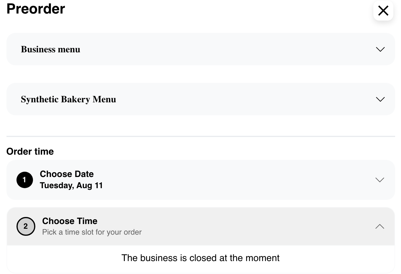 Preorder flow showing that the selected menu is unavailable on a chosen day
