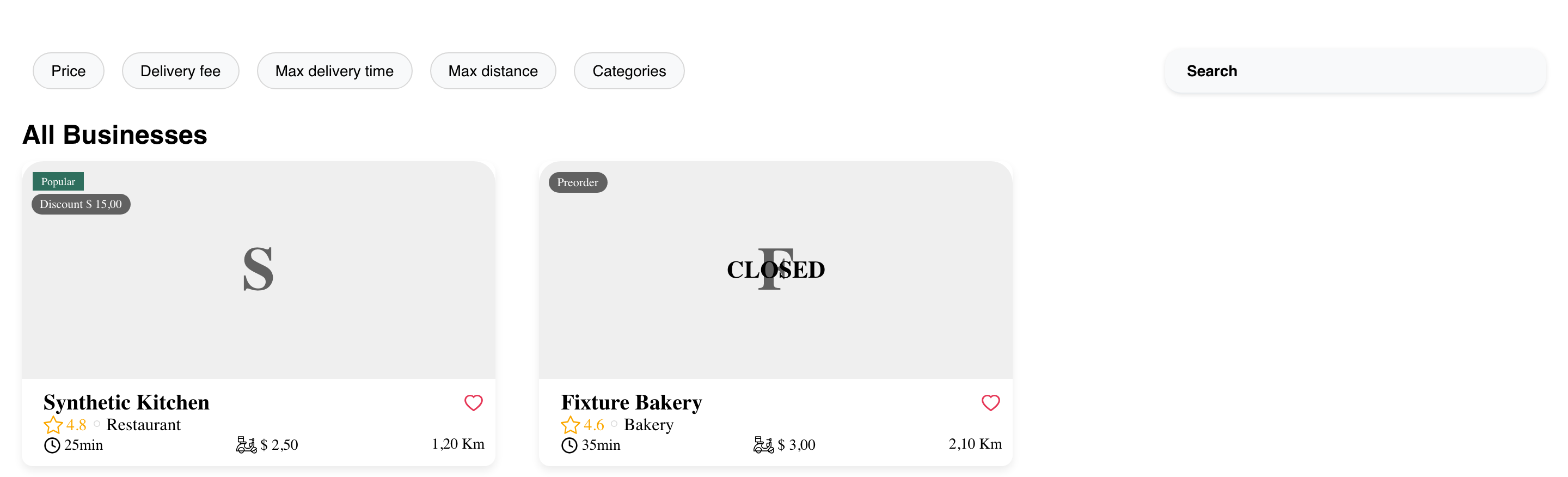 Desktop business results with a closed business available for preorder