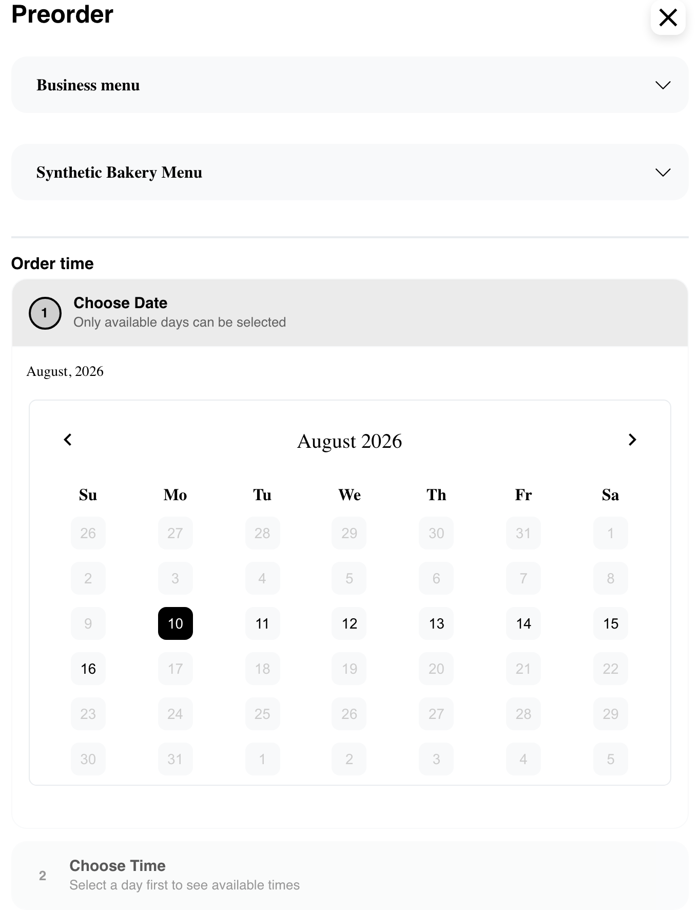Standard preorder flow using a selected business menu schedule