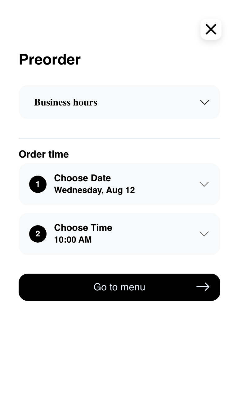 Mobile preorder dialog with a selected pickup date and time