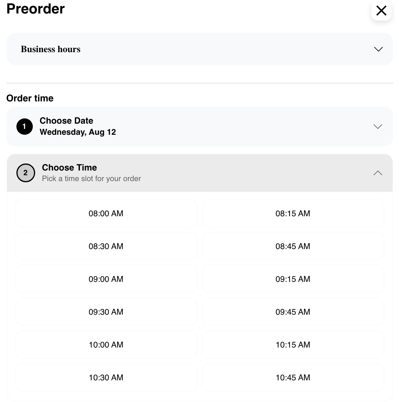 Preorder flow with available pickup time slots for a selected date