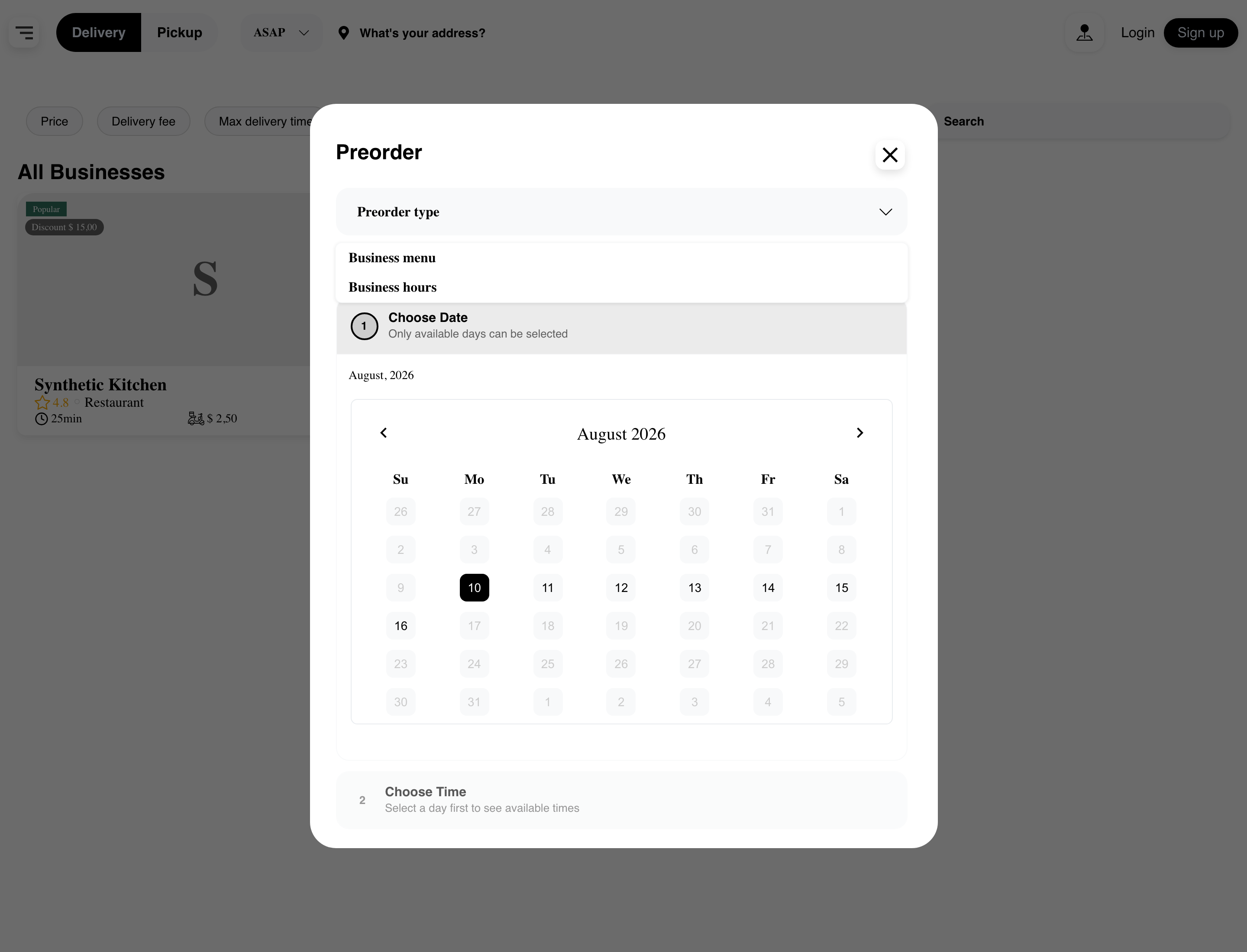 Preorder dialog with Business menu and Business hours scheduling choices