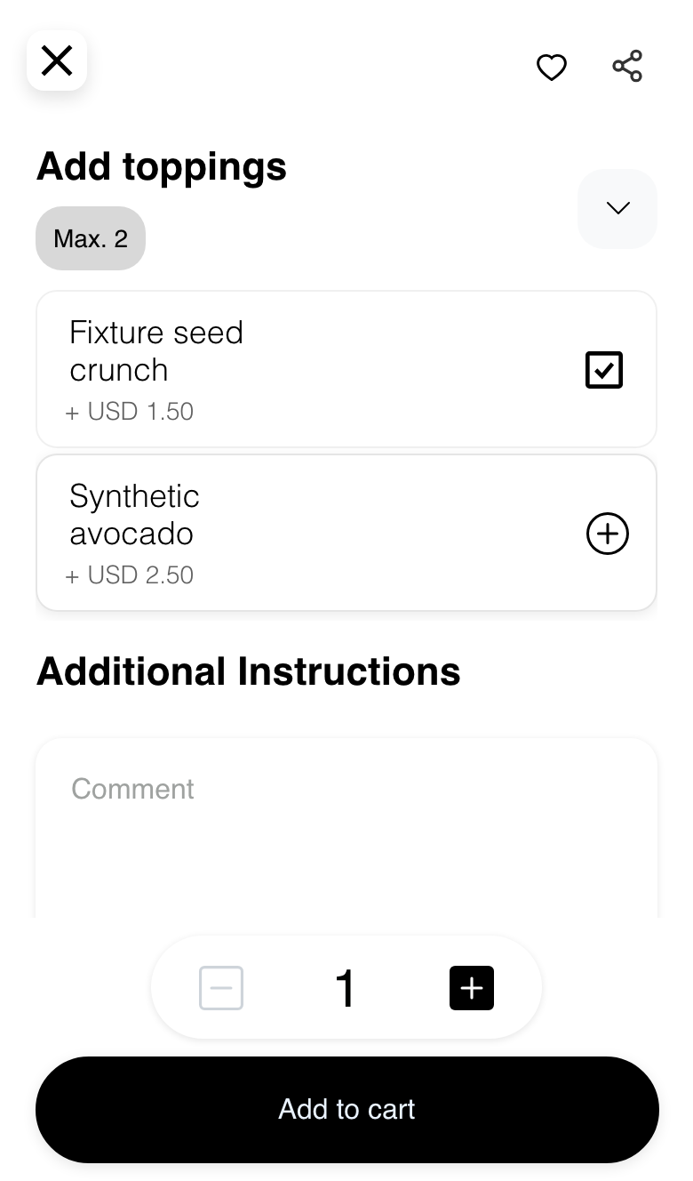 Mobile product customization form with selected options