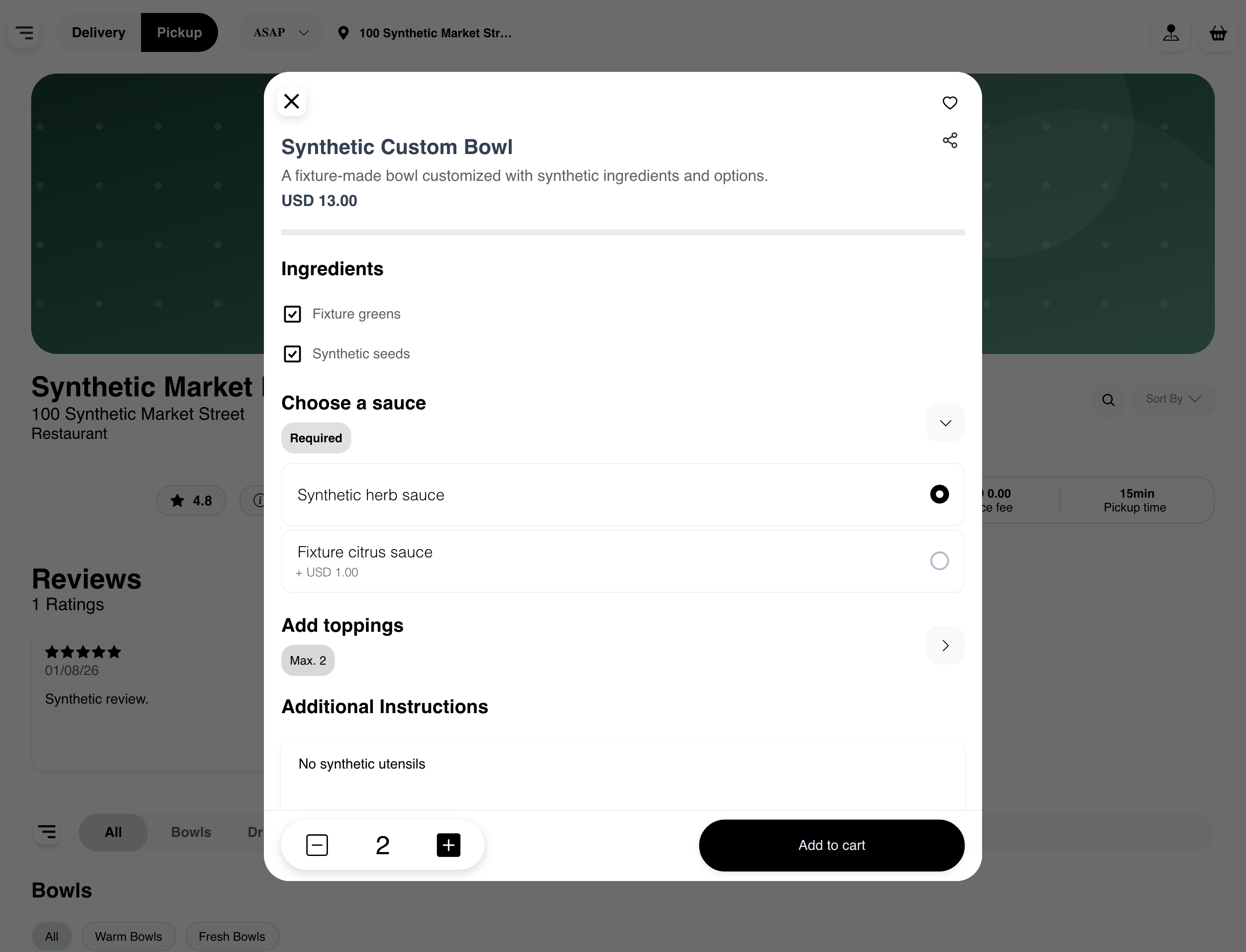 Additional instructions, quantity controls, and Add to cart action