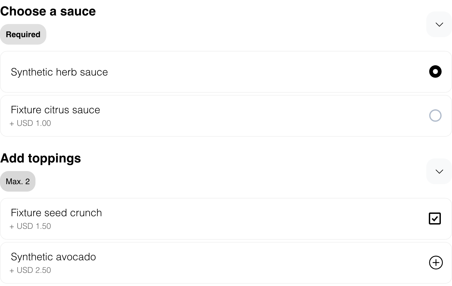 Required sauce and optional topping choices in a product form