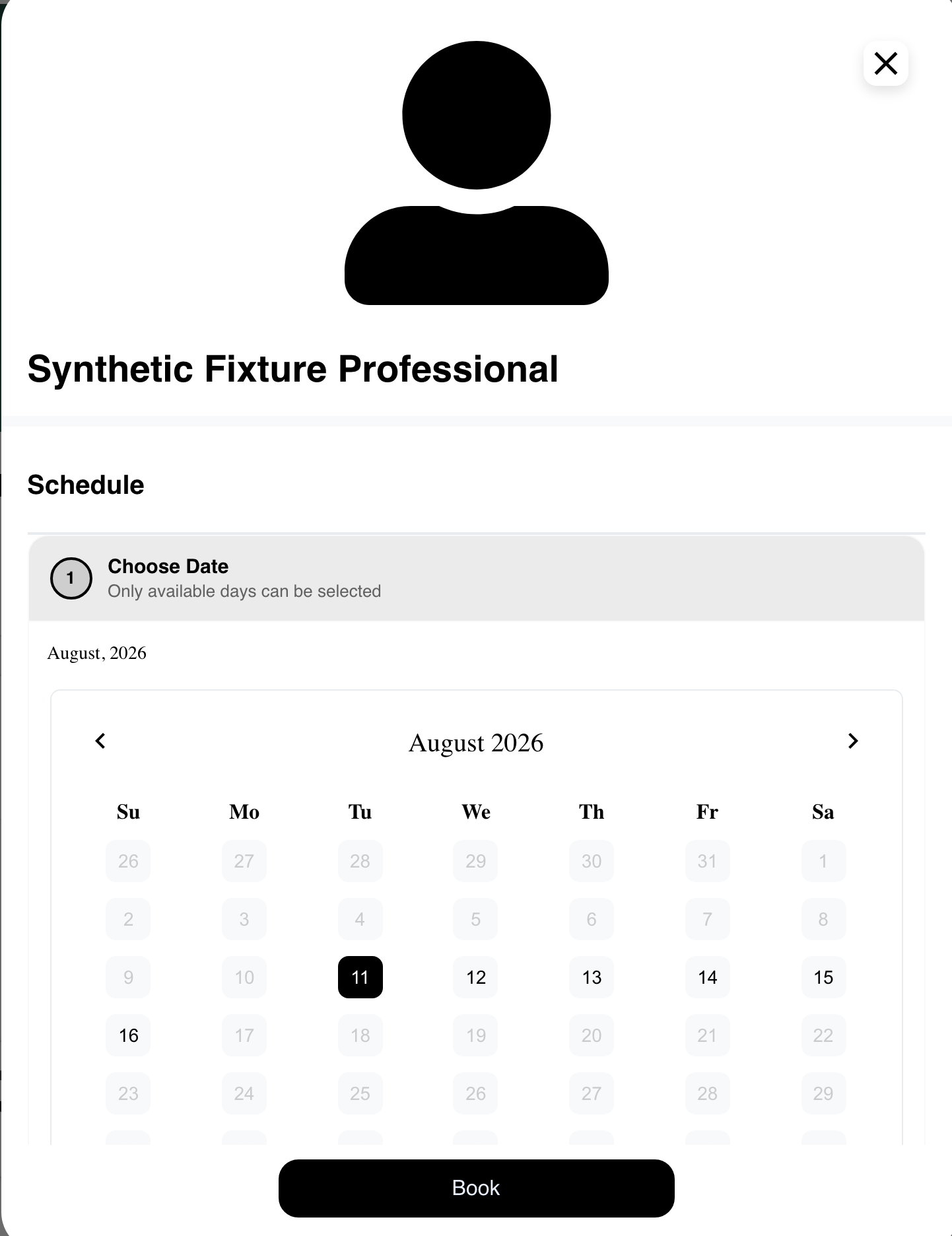 Desktop Website professional availability profile with synthetic schedule and untouched Book action