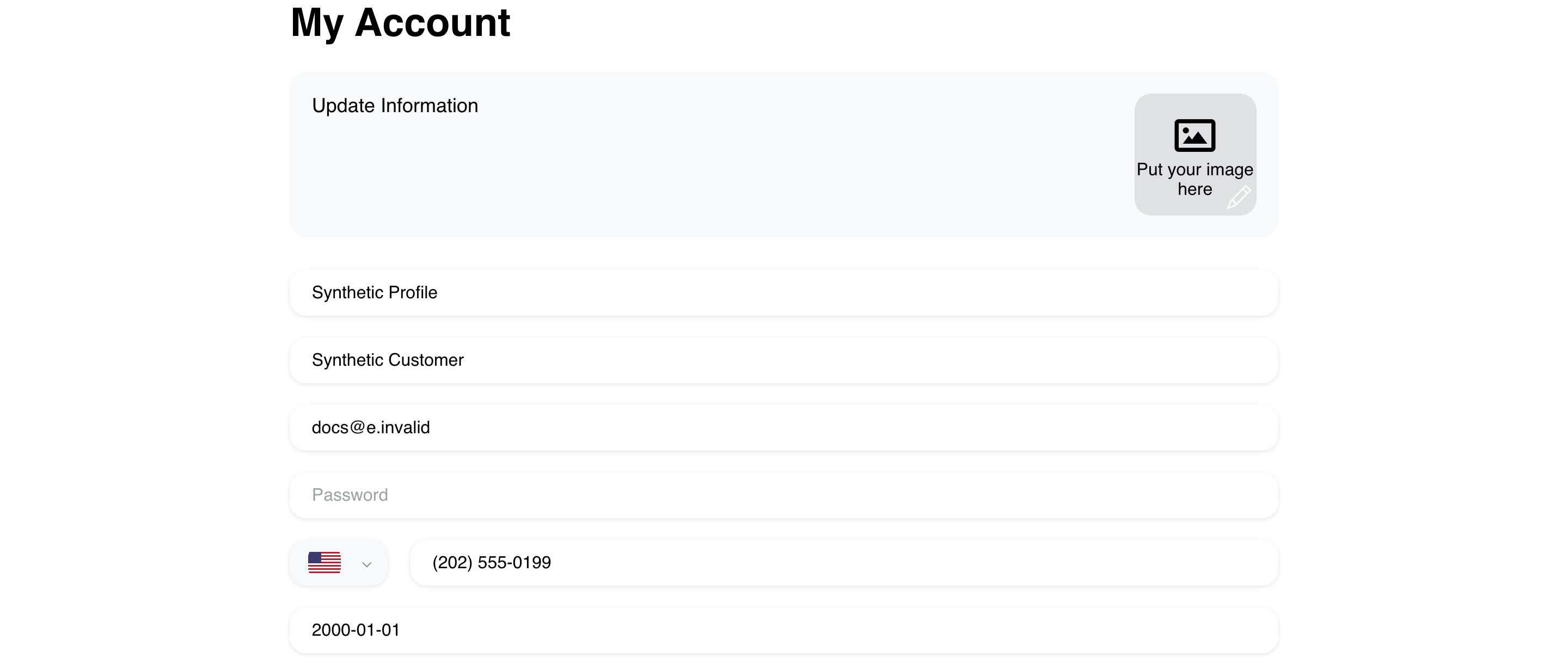 Desktop Website profile account form with synthetic customer details in its editable pre-save state