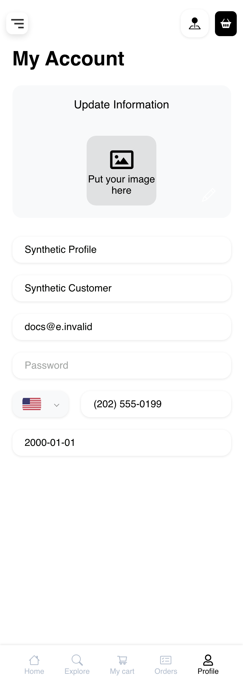 Mobile Website profile account form with synthetic customer details and no submitted changes