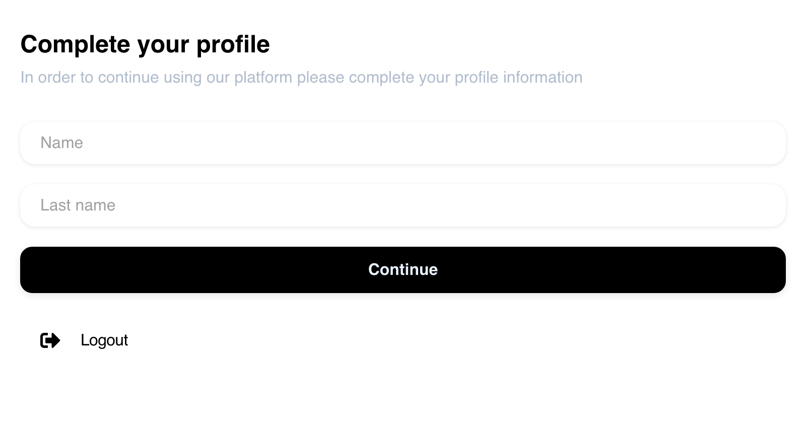 Desktop Website Complete your profile gate with empty required Name and Last name fields, Continue action, and Logout action