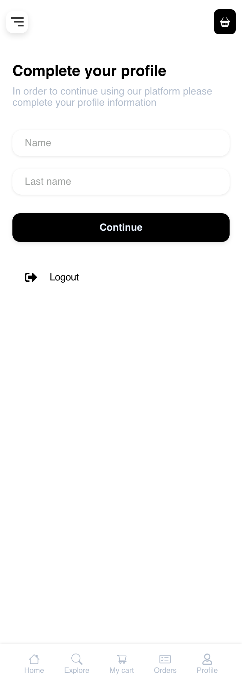Mobile Website Complete your profile gate with empty required Name and Last name fields and no submitted changes