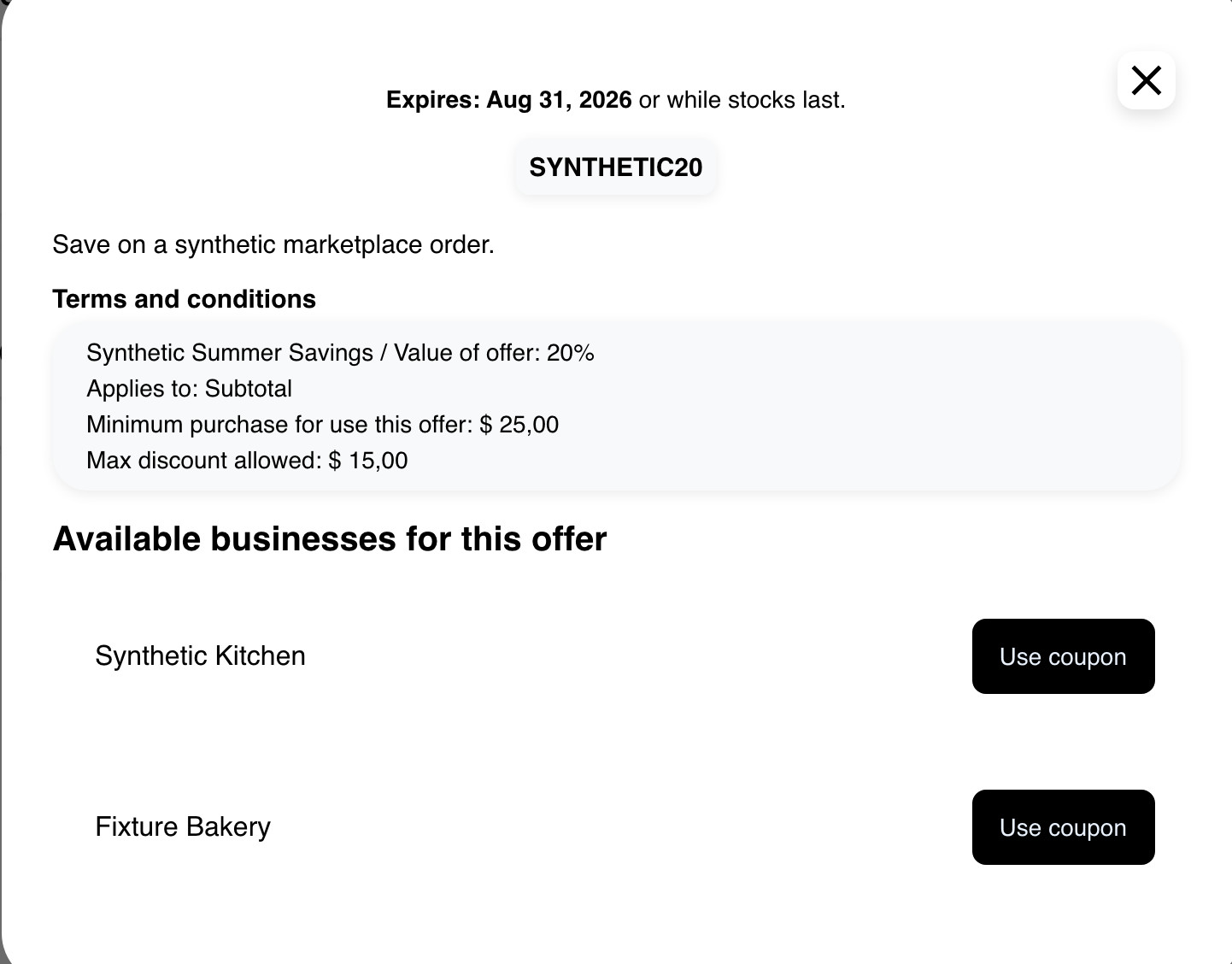 Promotion details with coupon terms and available businesses