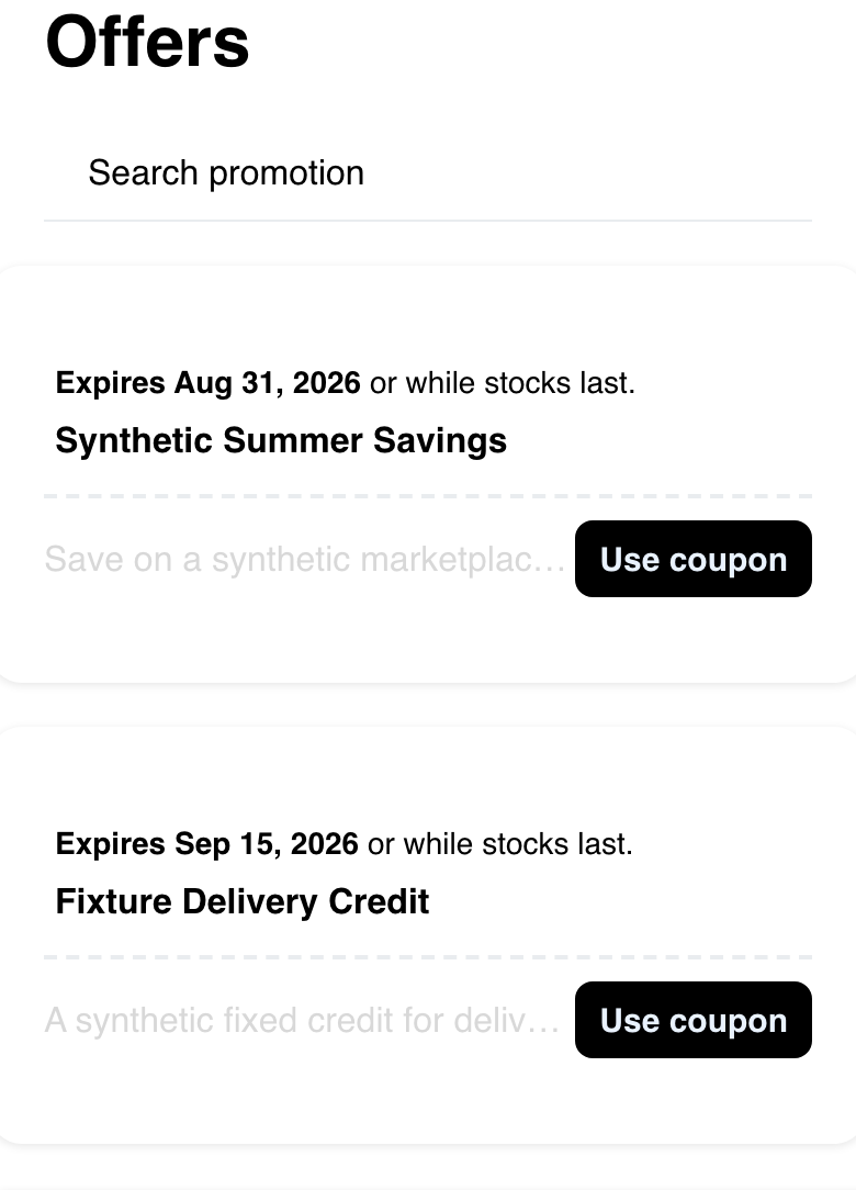 Mobile promotions page with synthetic active offers