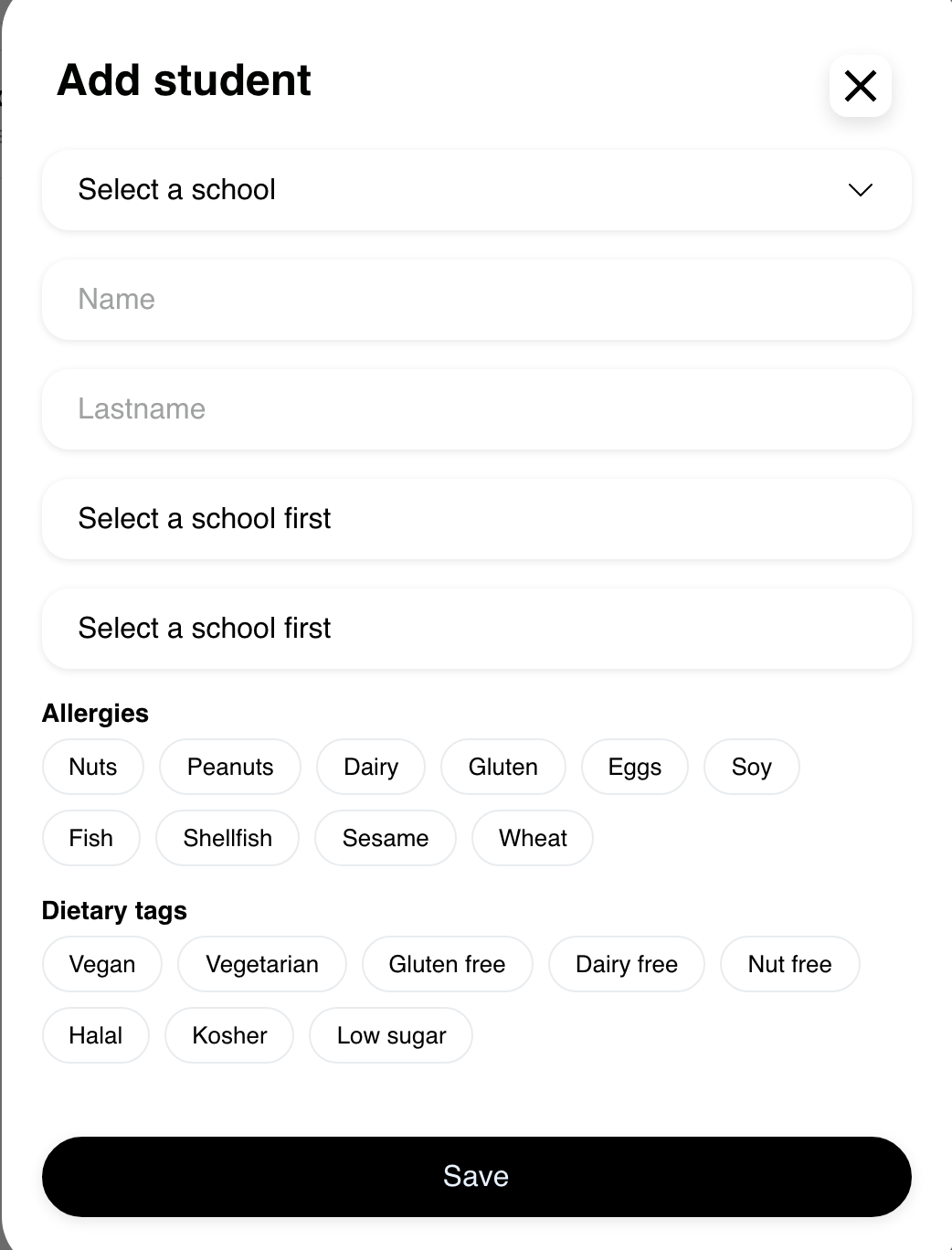 Desktop Website Add student form with blank name fields and a school selector before submission