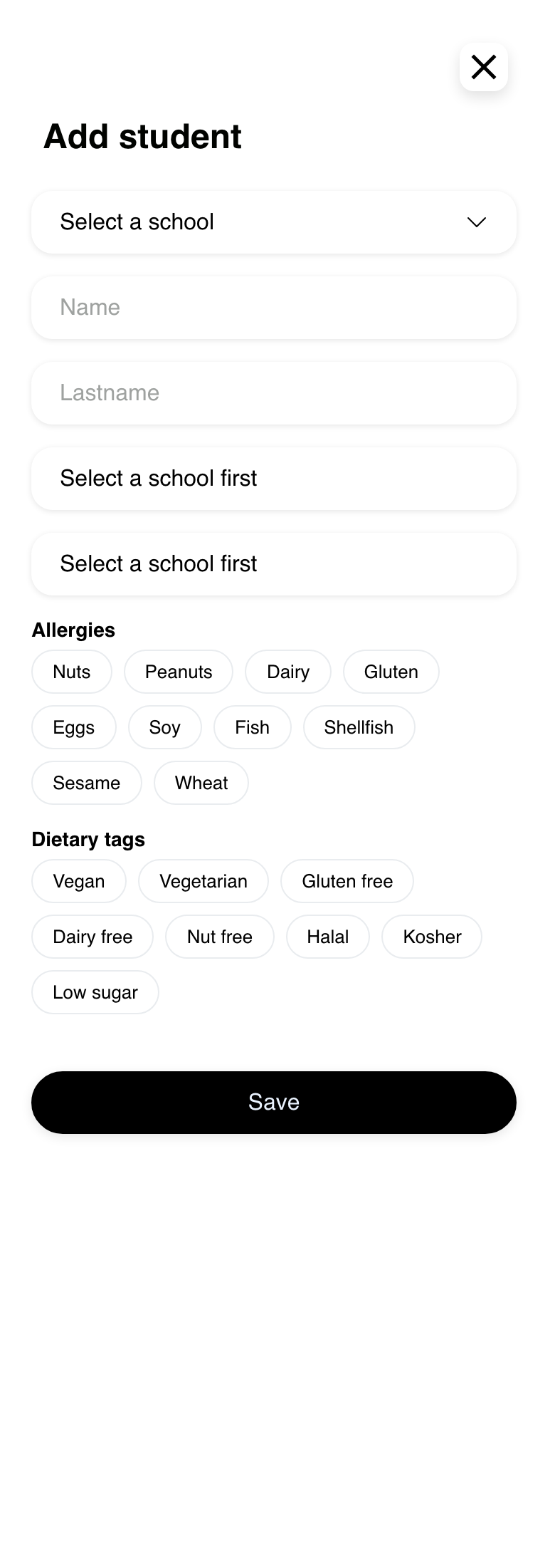 Mobile Website Add student form with blank fields and a responsive school selector before submission