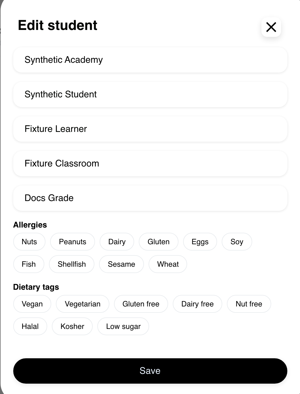 Desktop Website Edit student form showing one synthetic student and school details before saving