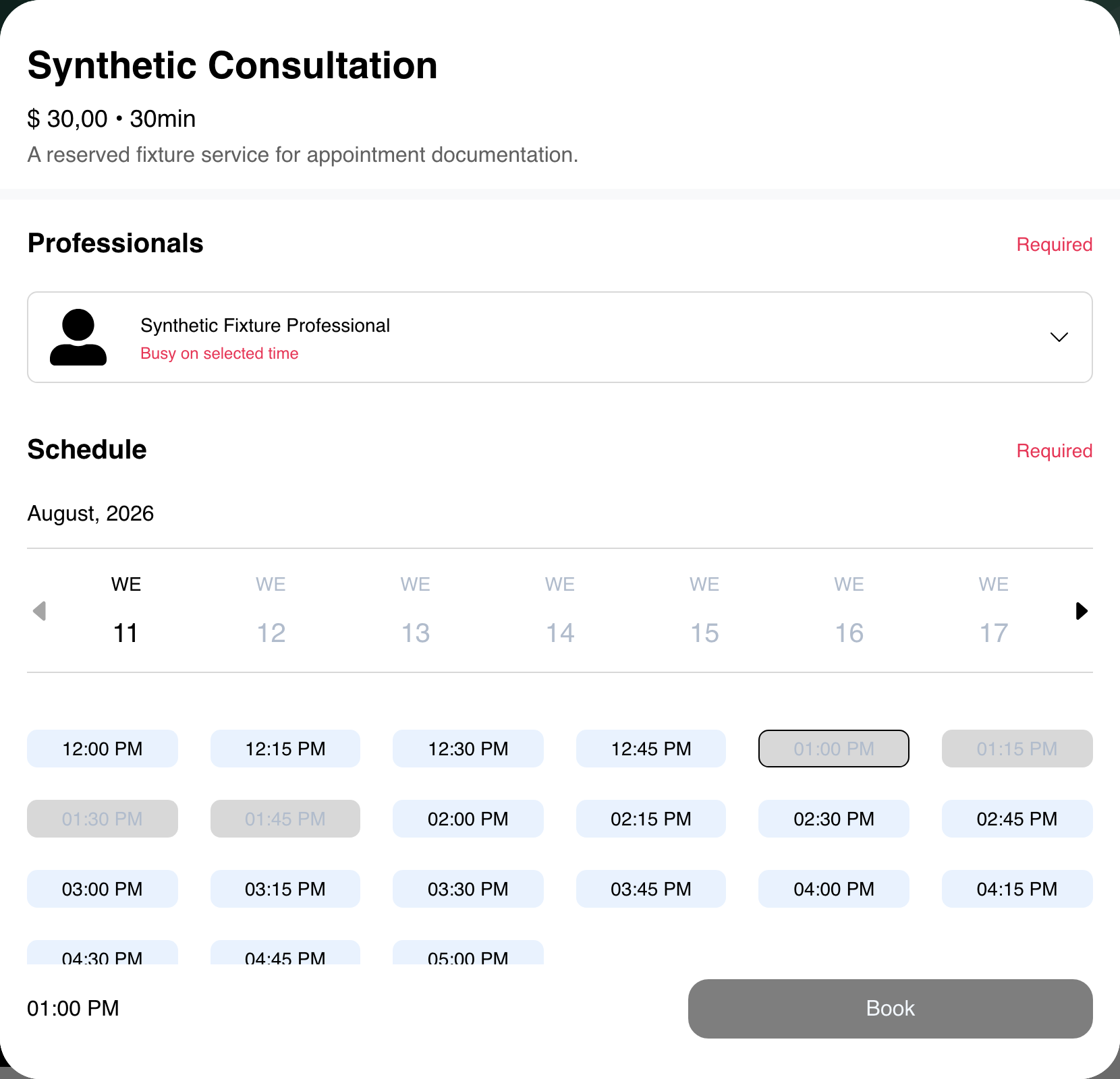 Desktop Website synthetic service form showing a busy displayed time before booking