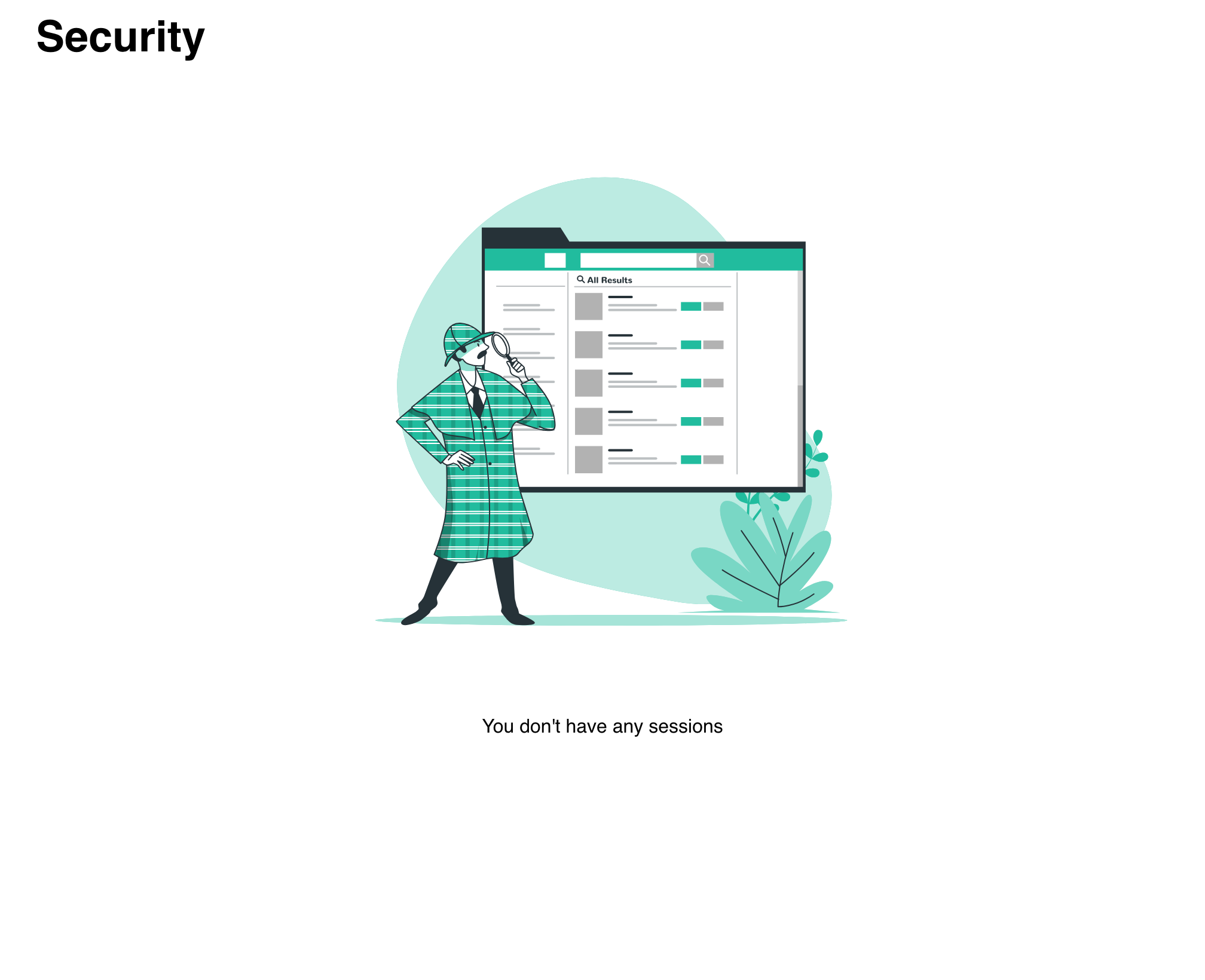 Desktop Website Security page showing that no managed sessions are present