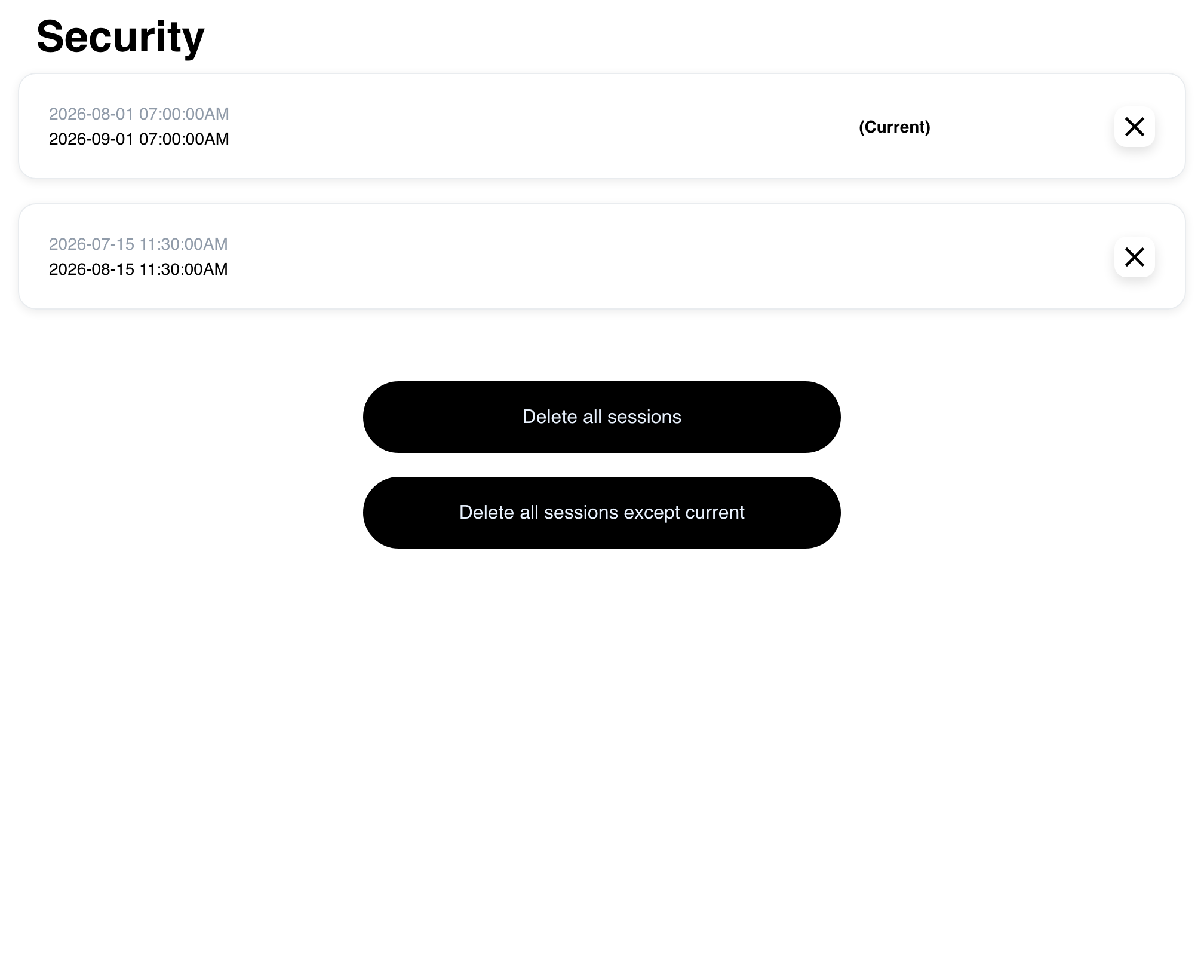 Desktop Website Security page showing two reserved synthetic sessions with one marked Current