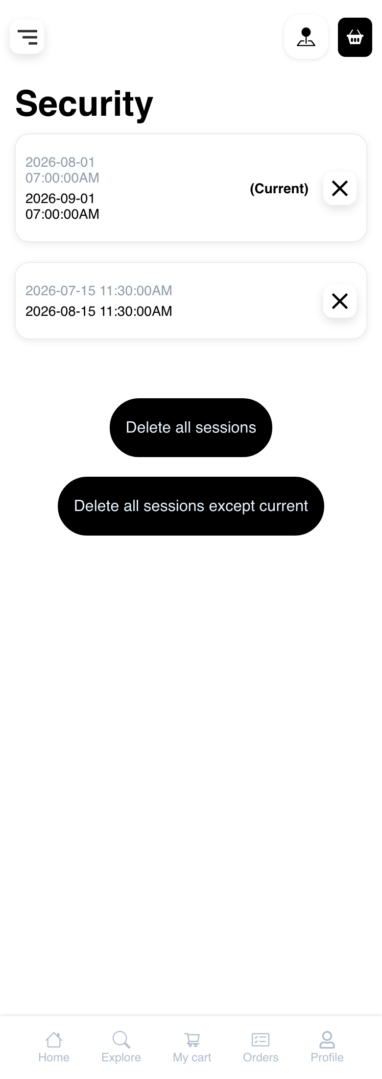 Mobile Website Security page showing reserved synthetic session dates and the Current marker