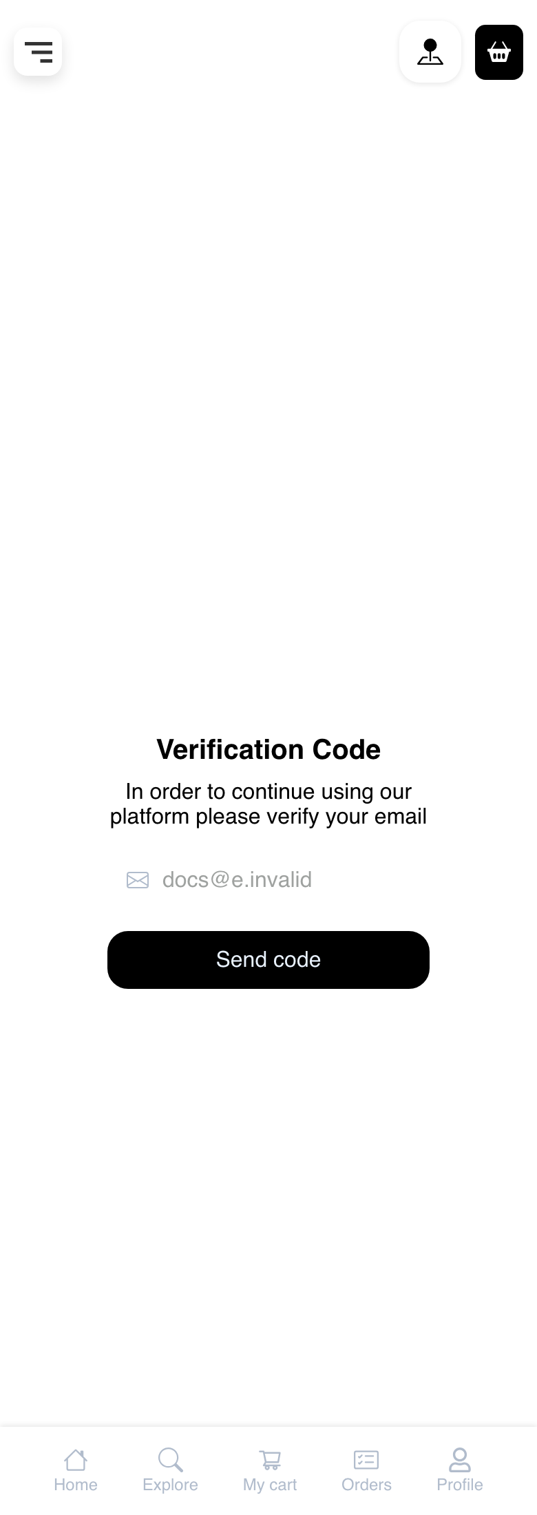 Mobile Website email verification page in the pre-send state with a reserved synthetic email address