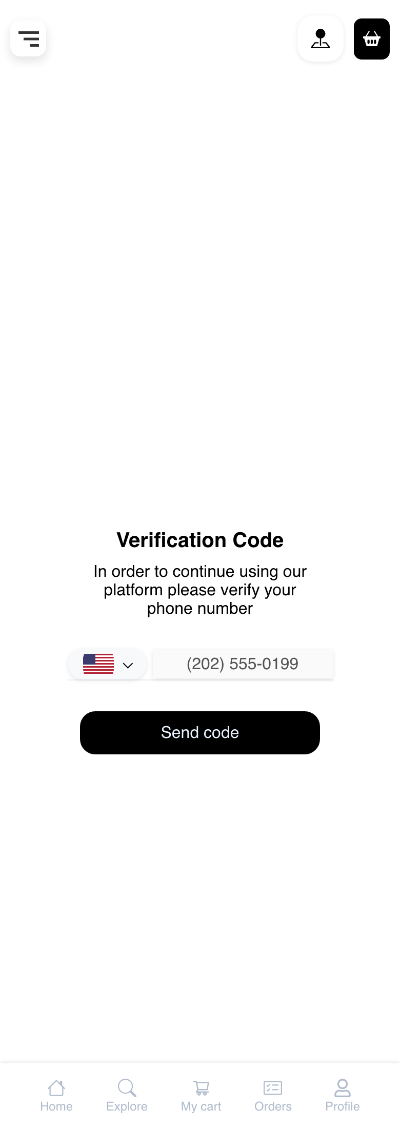 Mobile Website phone verification page in the pre-send state with a reserved synthetic phone number