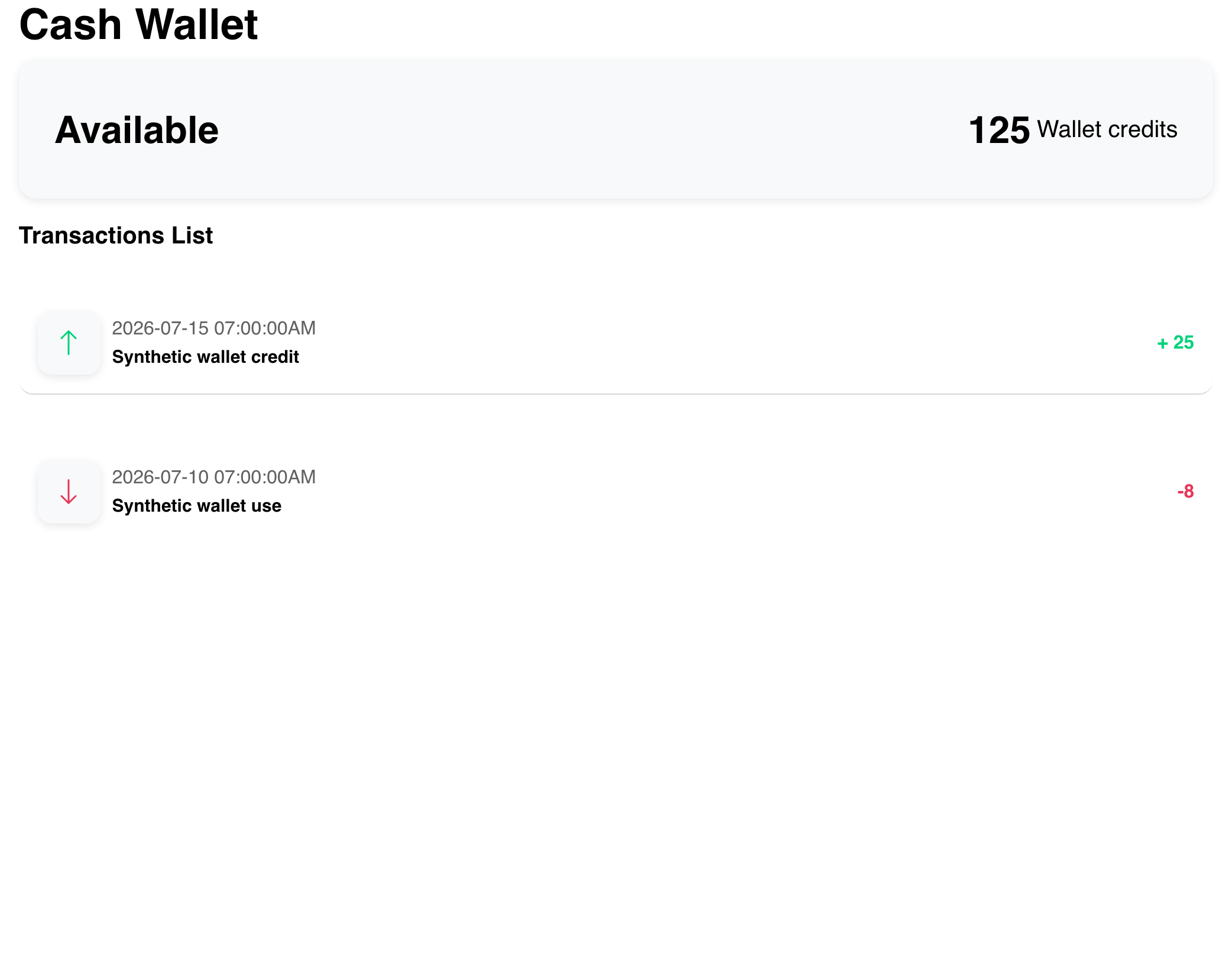 Desktop Website Cash Wallet view showing 125 synthetic wallet credits and two activity entries