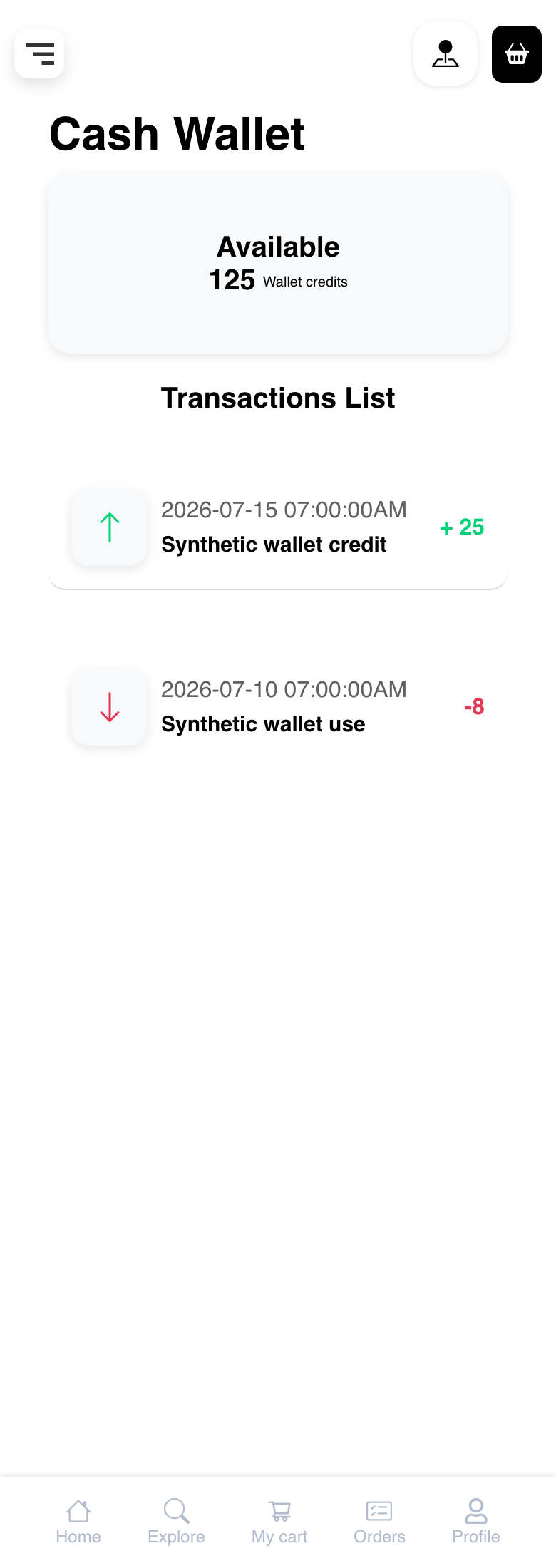 Mobile Website Cash Wallet view showing a responsive synthetic balance and activity list
