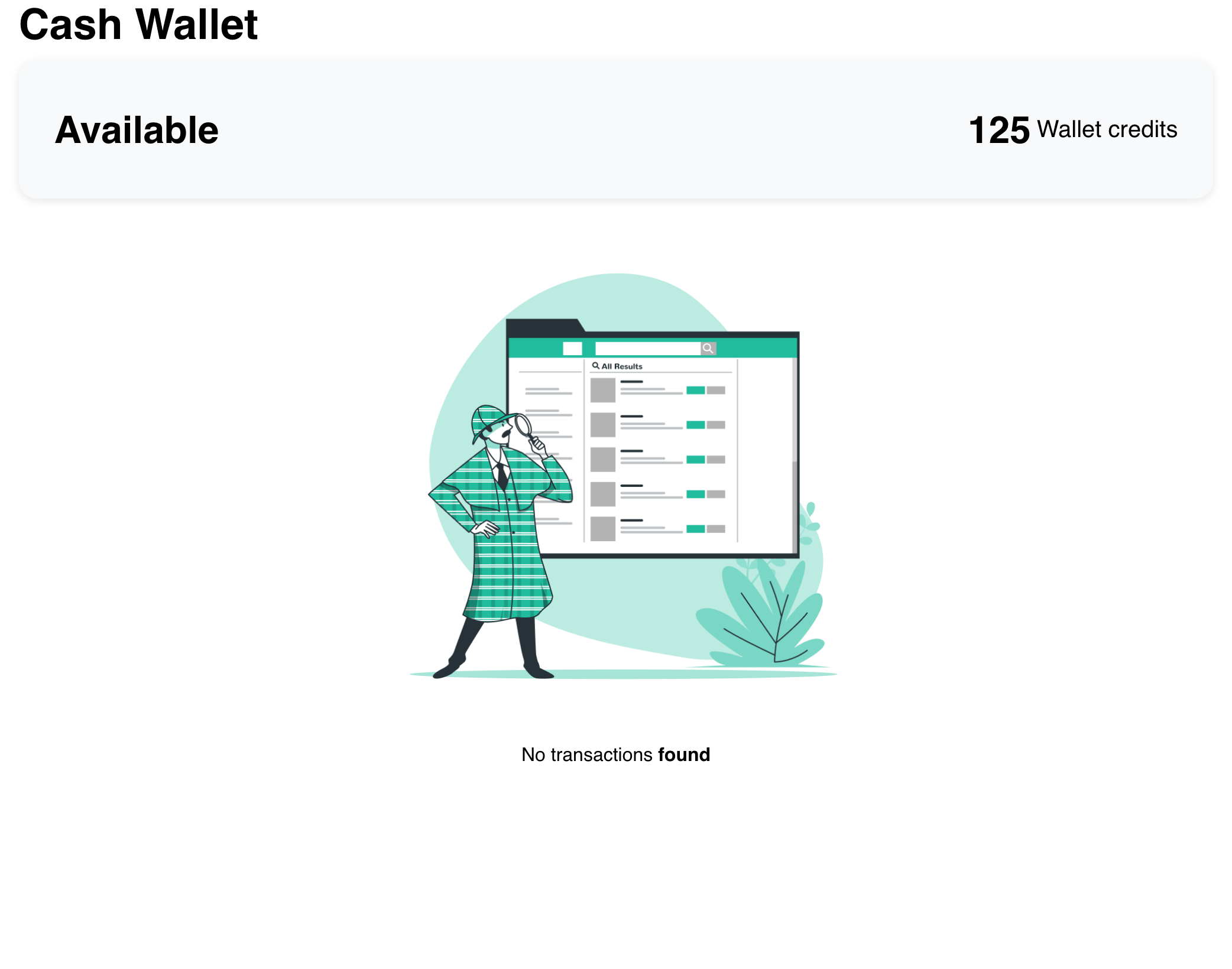 Desktop Website Cash Wallet view showing a synthetic balance and the no transactions state