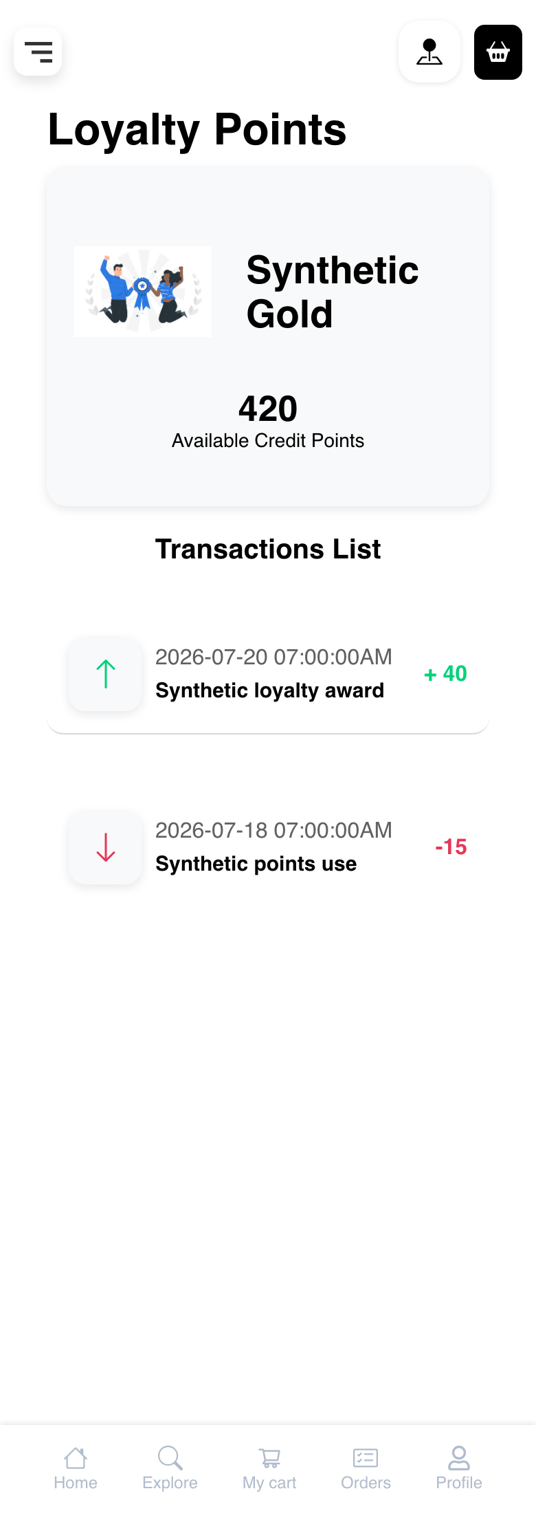 Mobile Website Loyalty Points view showing a responsive synthetic balance and activity list