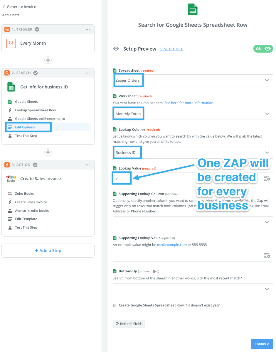 Business selection in the automated invoice workflow