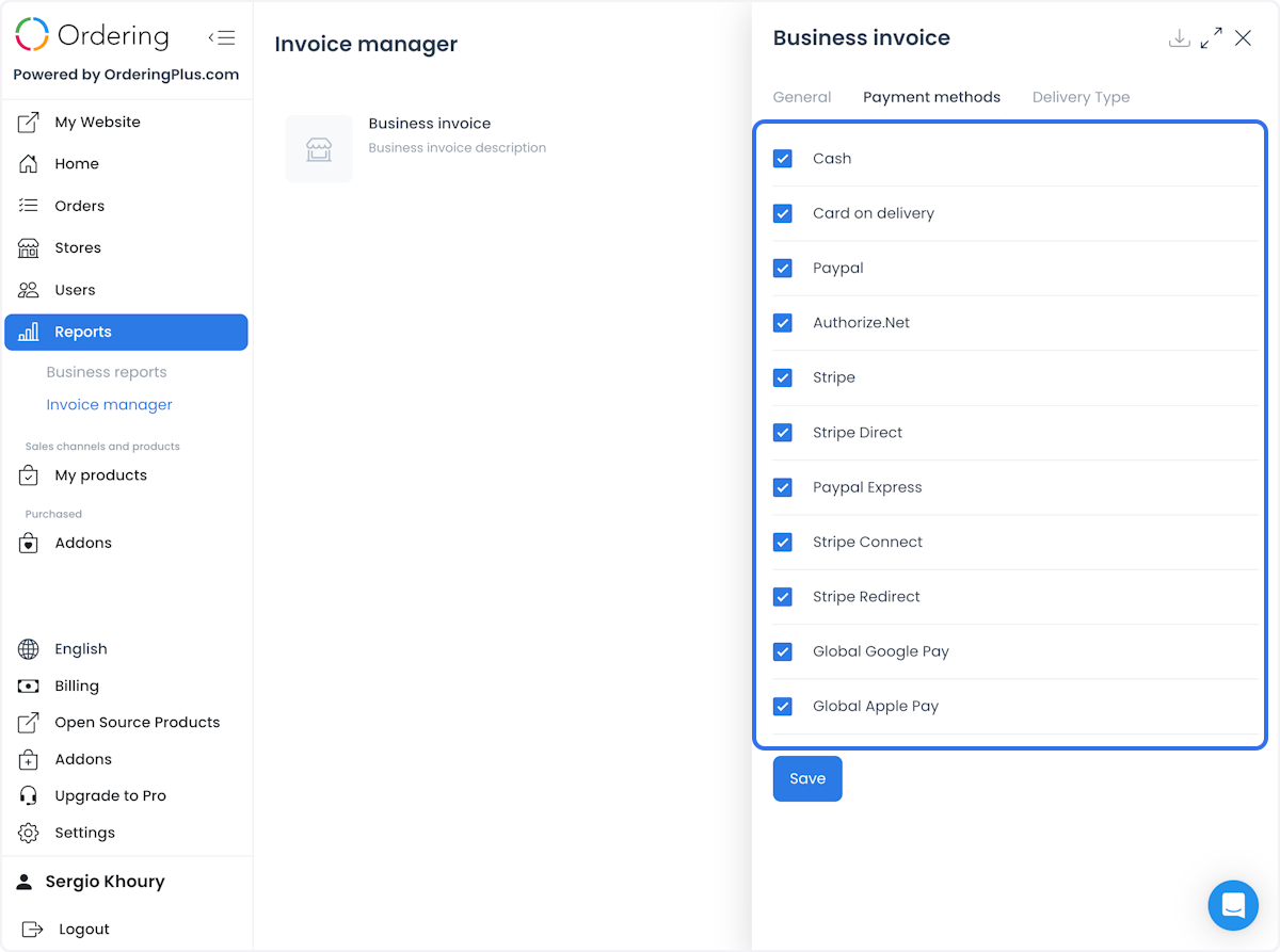 Payment methods tab in a Business invoice