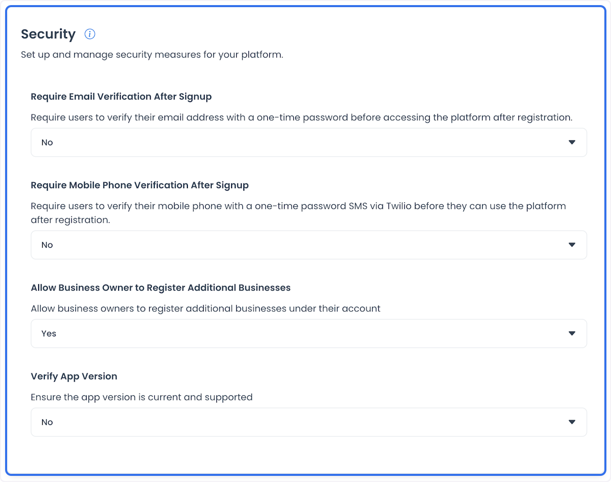 Ajustes Security históricos para verificación de correo y móvil, registro de negocio y versión de app