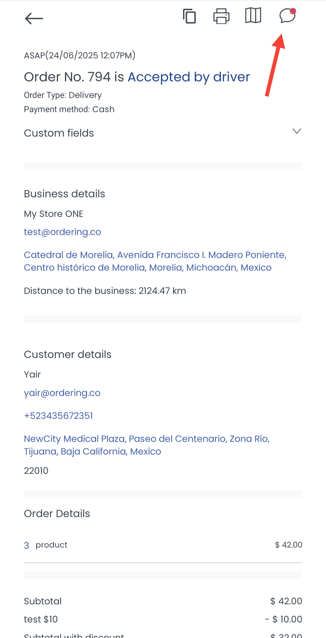 Pantalla de pedido de Business App con acción de chat
