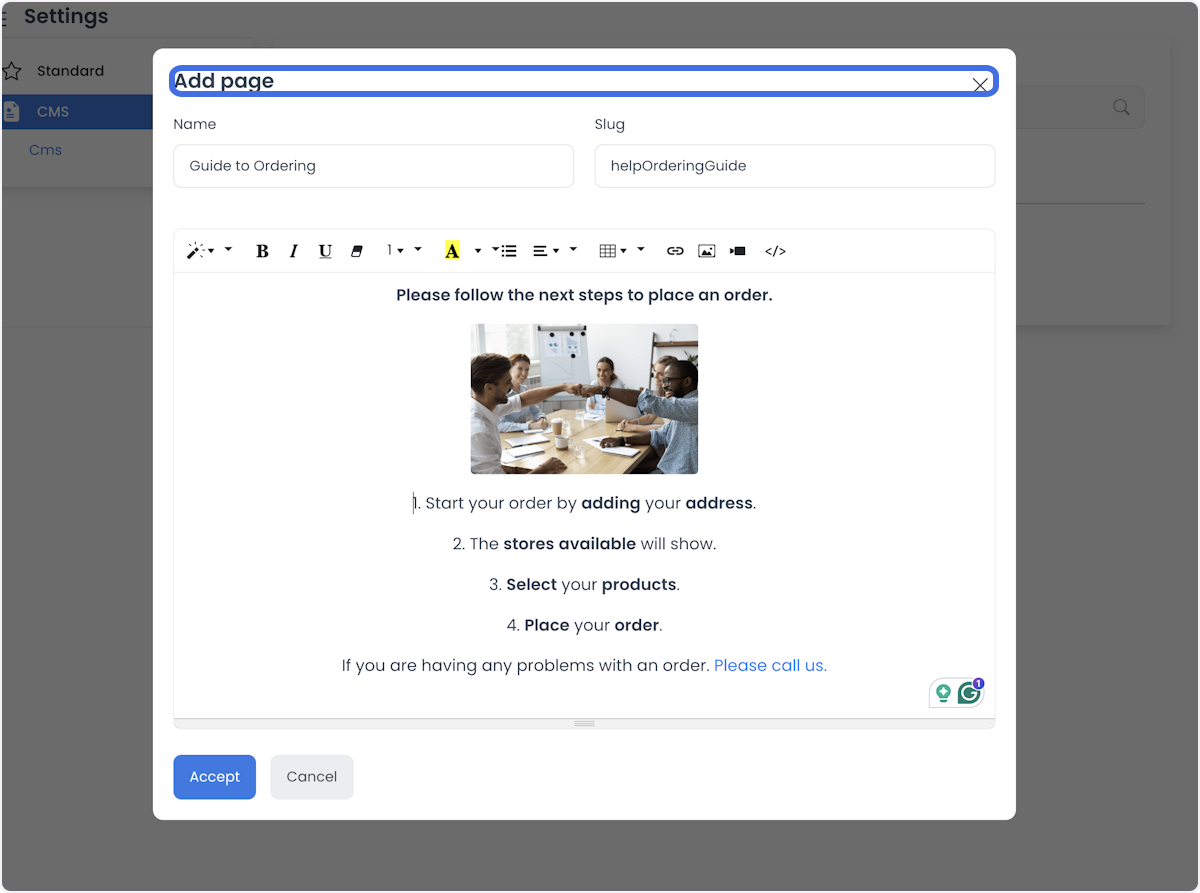 Formulario de página CMS con Name, Slug y editor de texto enriquecido
