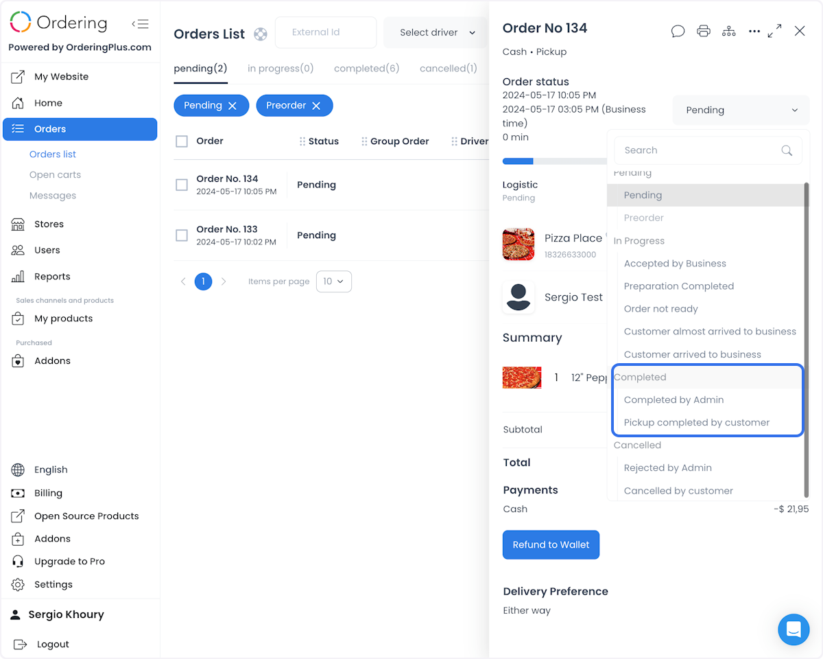 Order detail with a completed status option shown
