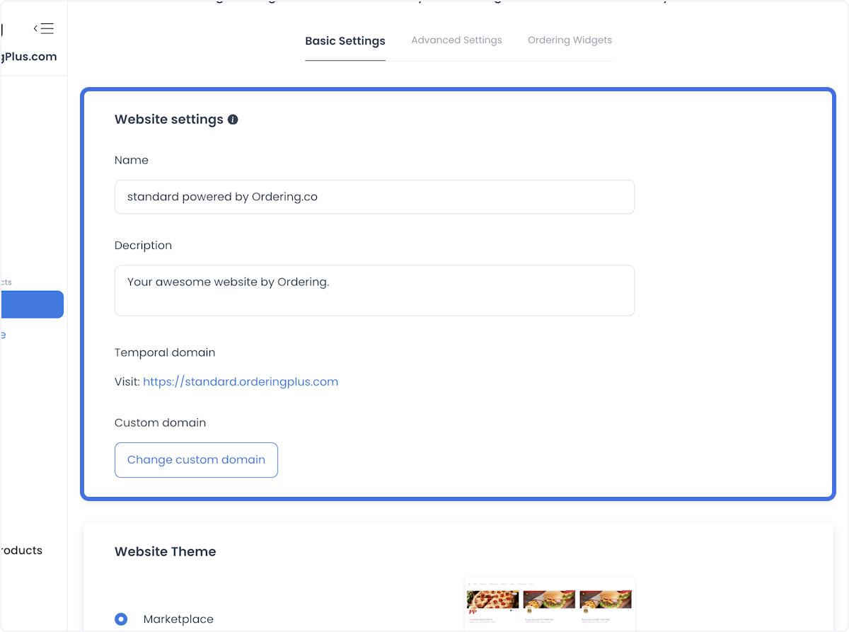 Website Settings fields for name, description, and domain