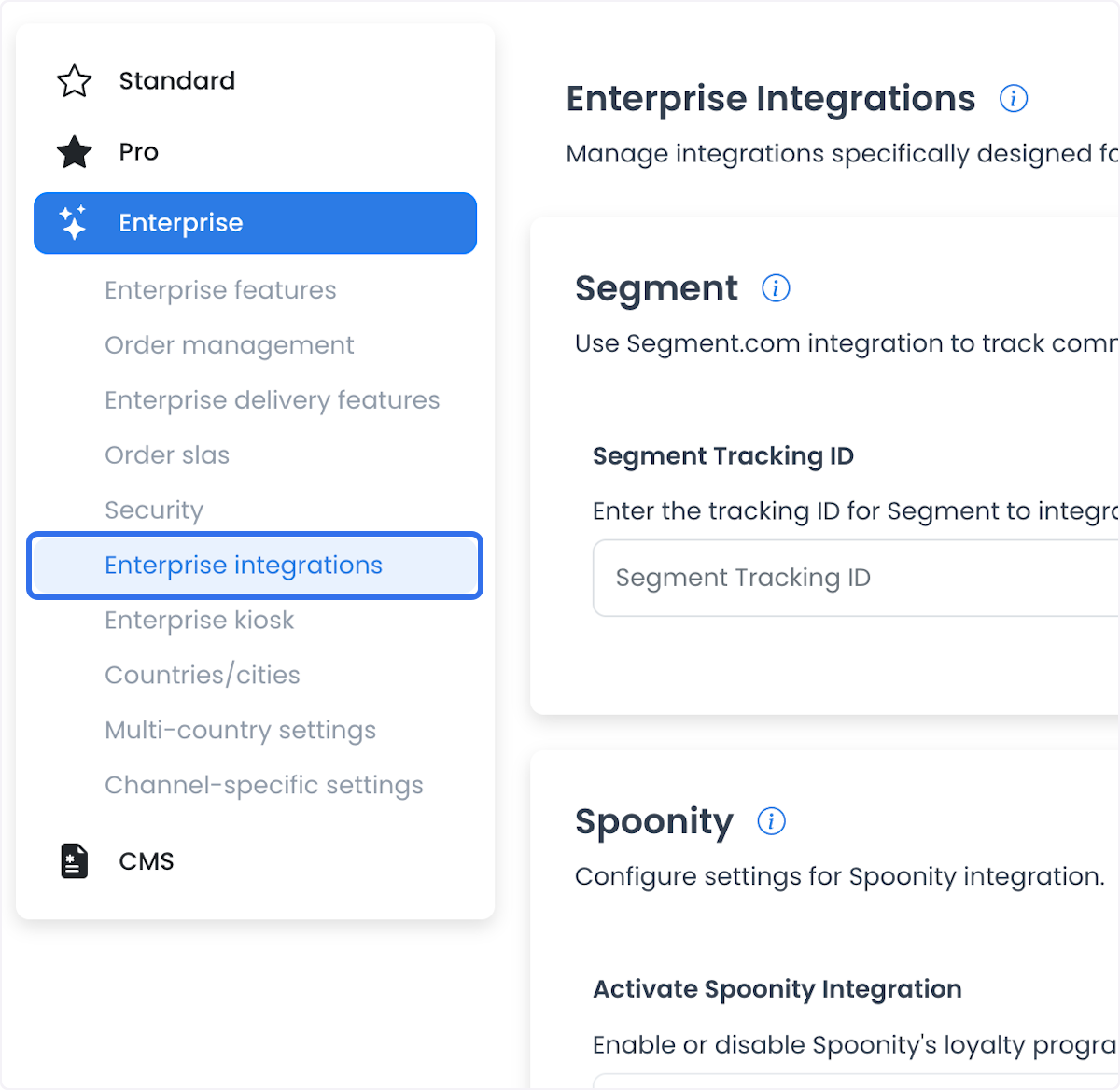 Pantalla histórica de integraciones de Dashboard con secciones de configuración Segment y Spoonity