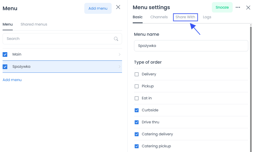 Share With tab for a store menu