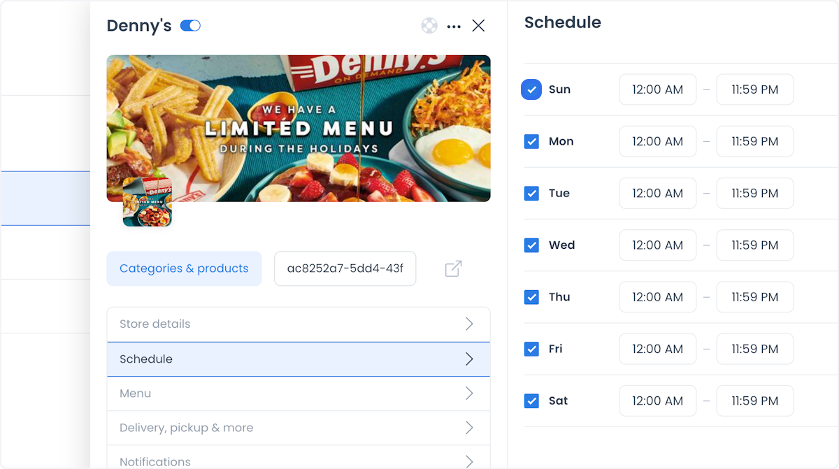 Schedule panel with day checkboxes and opening and closing time fields