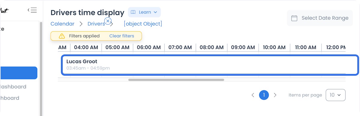 Calendario con un Driver seleccionado y un bloque de disponibilidad existente
