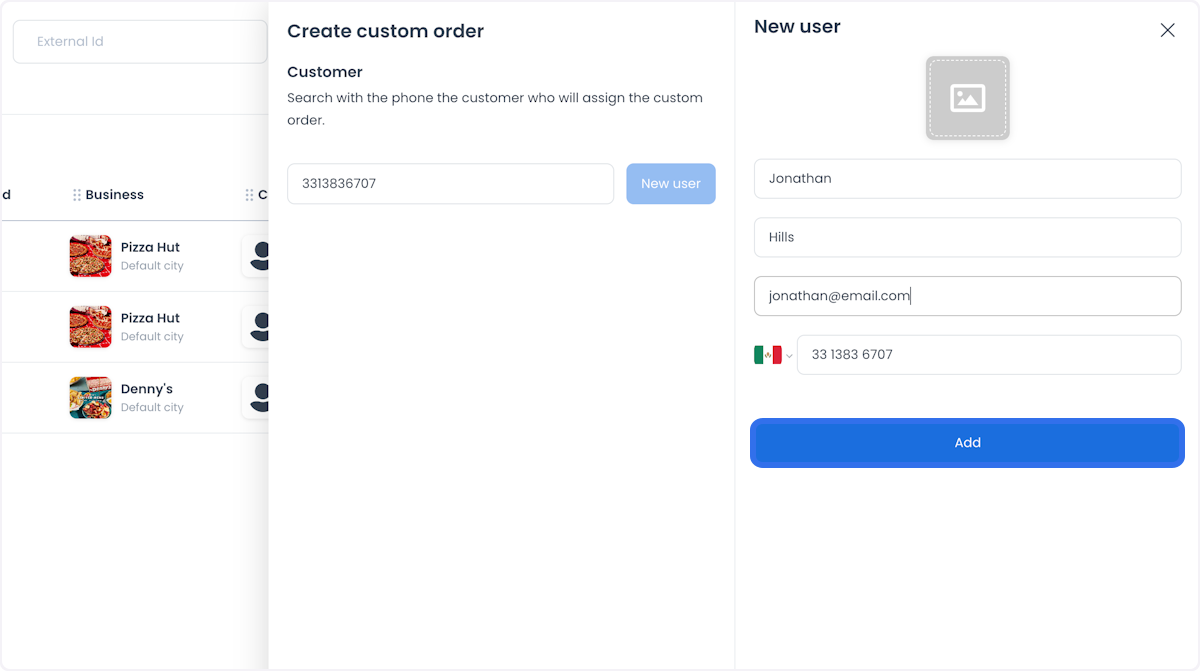Formulario New user abierto desde Create custom order