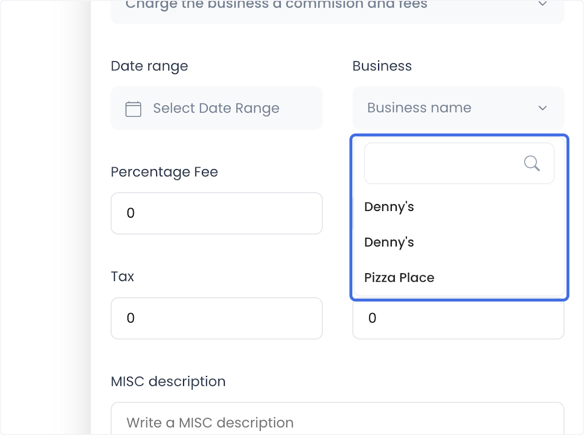 Business selector in a Business invoice